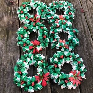 6 - Vintage plastic CHRISTMAS CANDLE RING WREATHS / Holly Berries Centerpieces